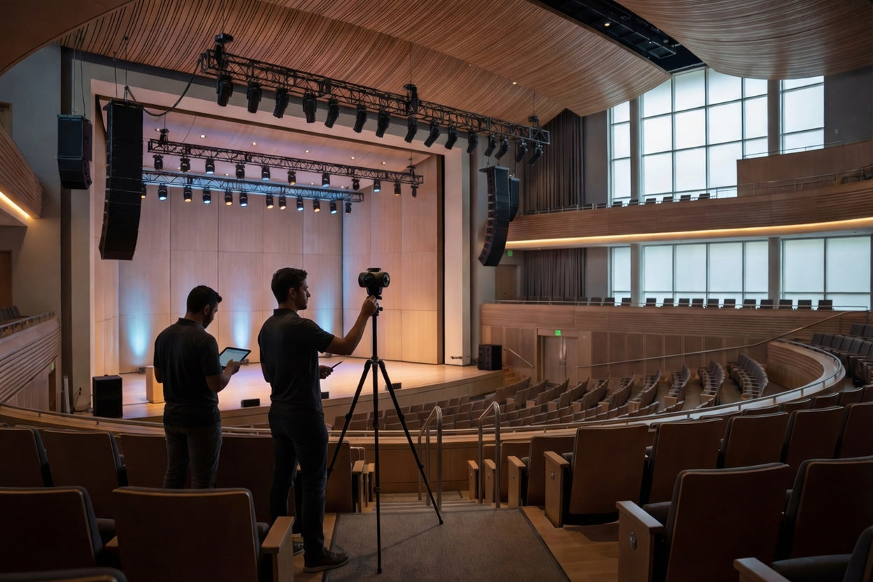 Two individuals with a camera on a tripod in a large auditorium.