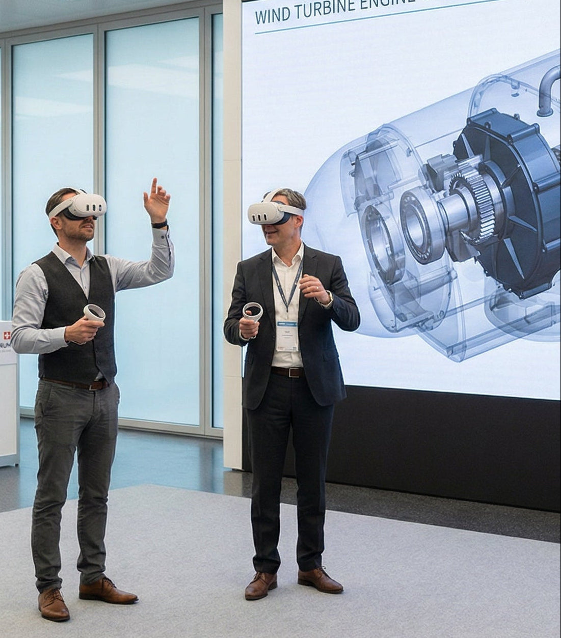Two men wearing virtual reality headsets in a room with a large screen displaying a wind turbine engine.