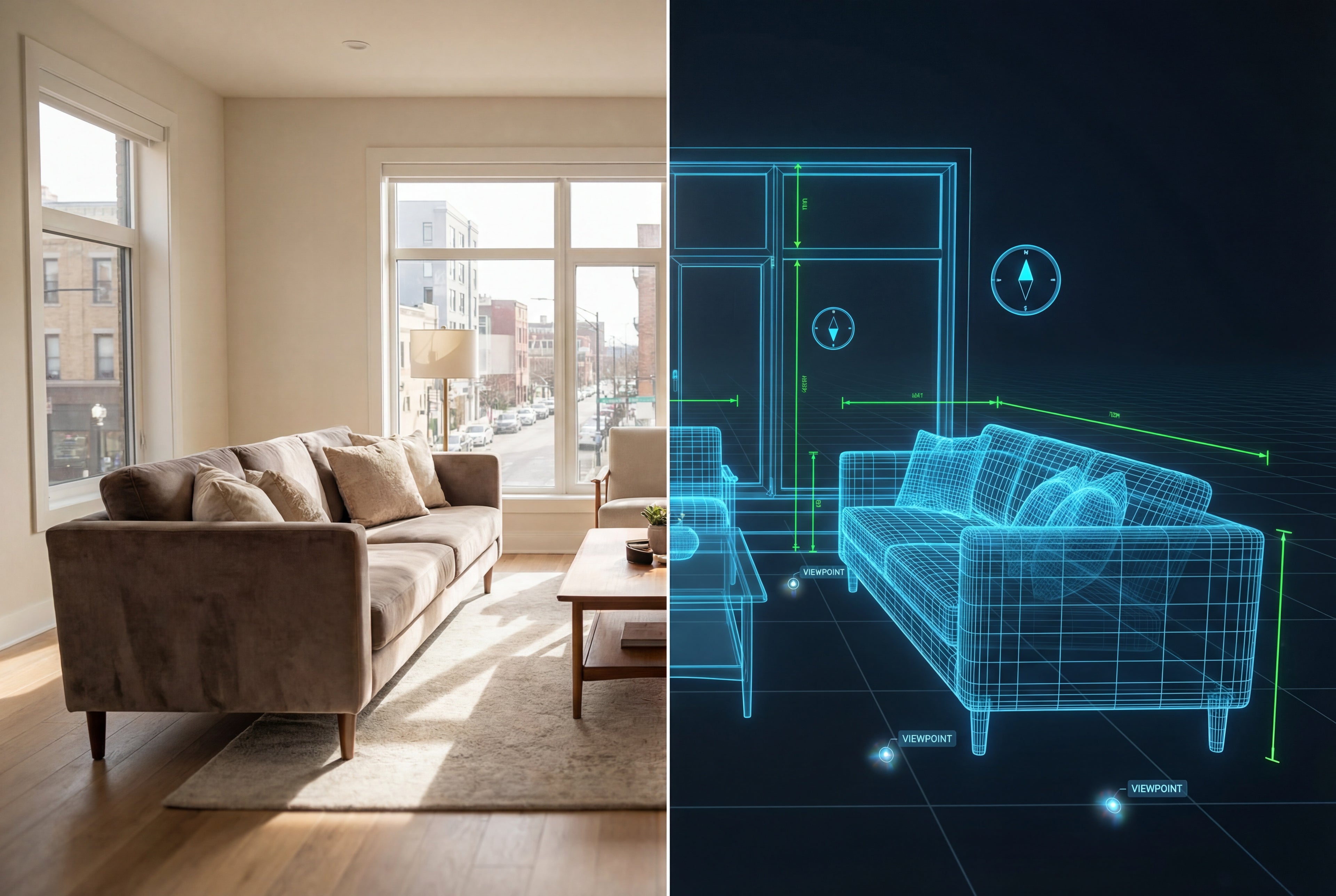 Living room with a brown sofa and a digital blueprint of the same sofa on a dark background.