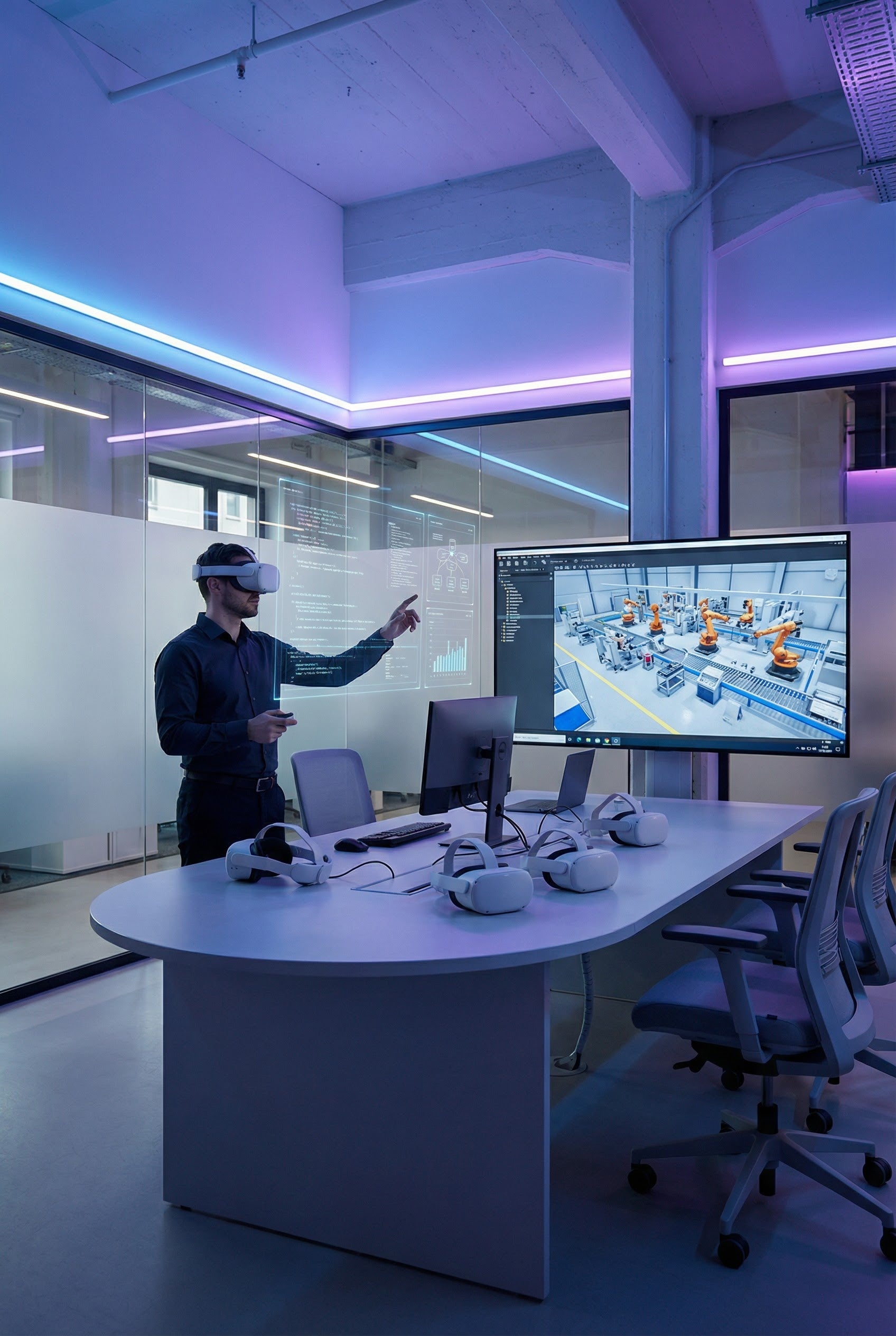Person using a virtual reality headset in a modern office setting with multiple monitors and a desk.