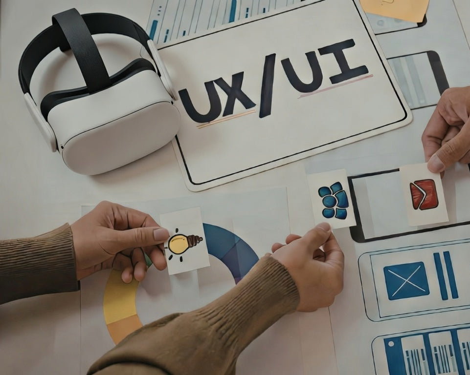 People working on UX/UI design with a VR headset and sketches on a table.