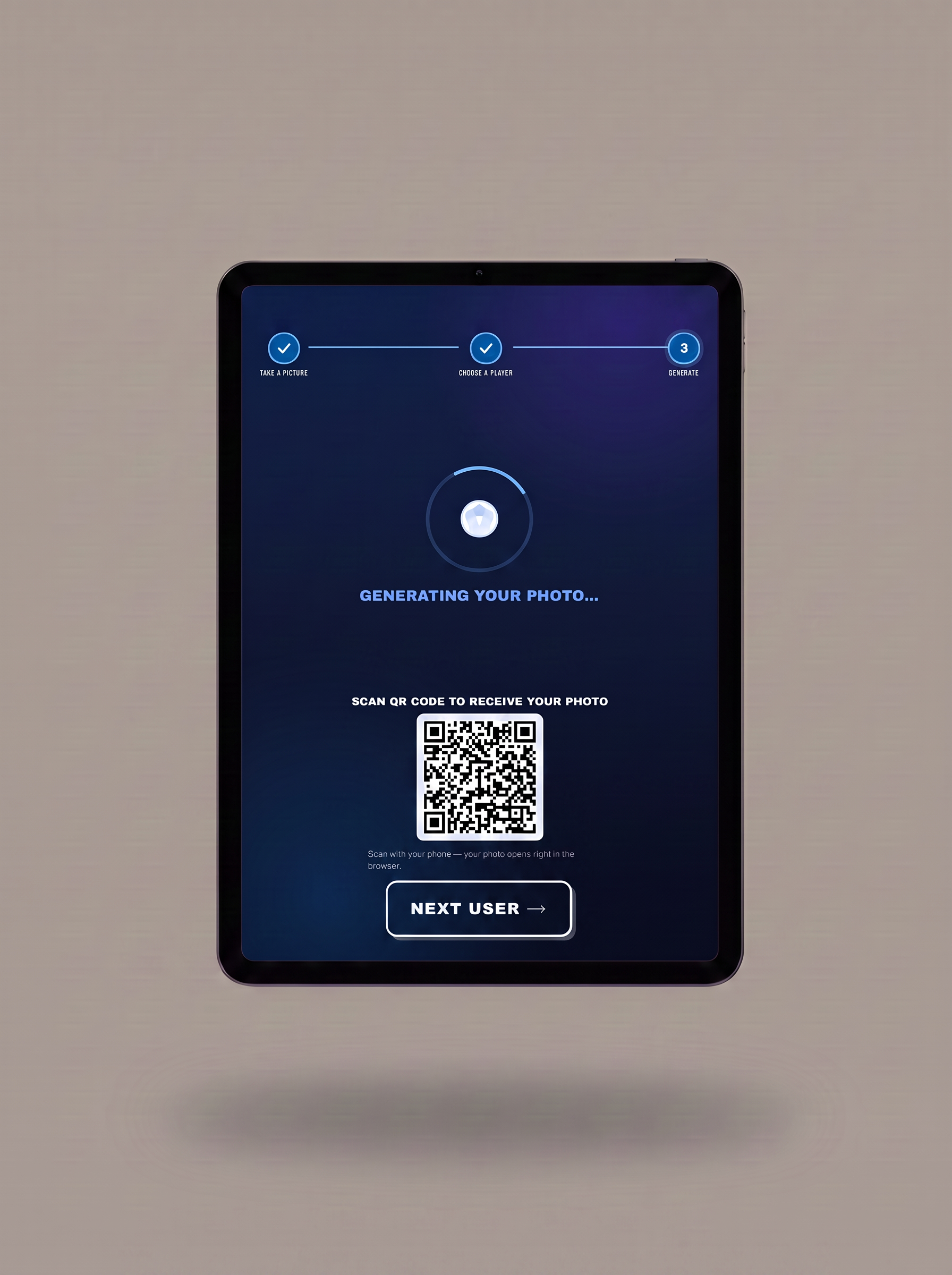 A tablet device centered on a plain taupe background, displaying a dark blue app interface with a QR code and the text 'Generating your photo.