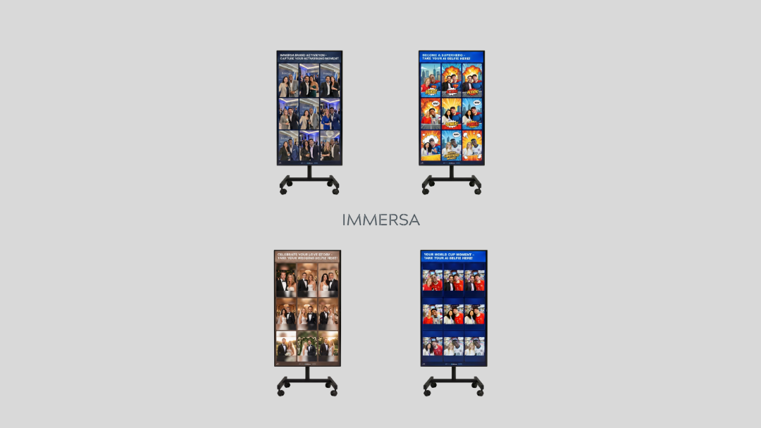 Four freestanding vertical display screens on wheeled stands arranged in a 2x2 grid on a light gray background, with the word "IMMERSA" centered between the top pair. The screens show movie posters and thumbnails, including titles like Marvel and Spider-Man.