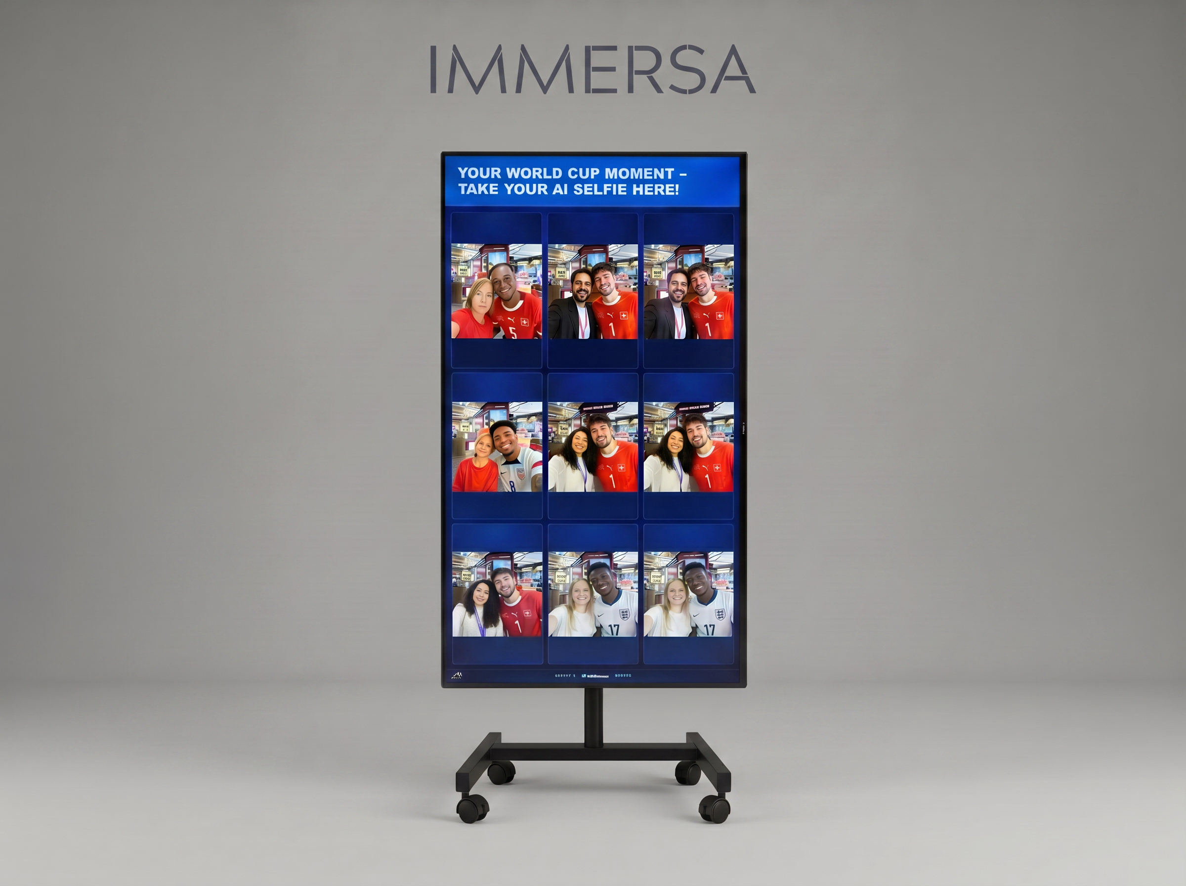 An Immersa self-serve photo booth kiosk on a wheeled stand, displaying a blue screen with sample portrait photo frames and text, set against a neutral gray background with the brand name 'IMMERSA' above.