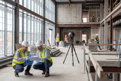Two construction workers in a building under construction with a tripod and camera on a stand.