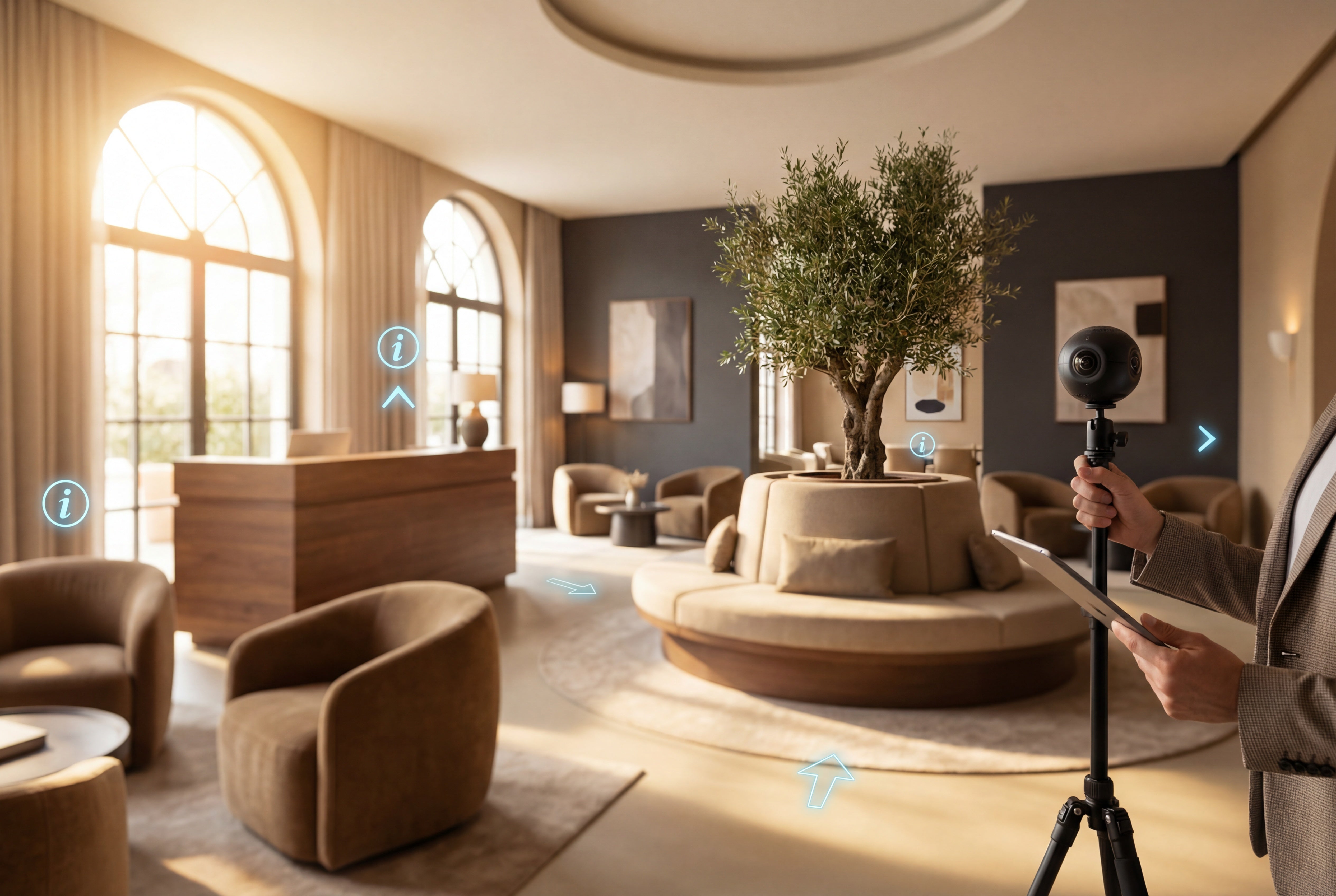 Person using a camera on a tripod to capture a modern reception room with large windows and decorative elements.