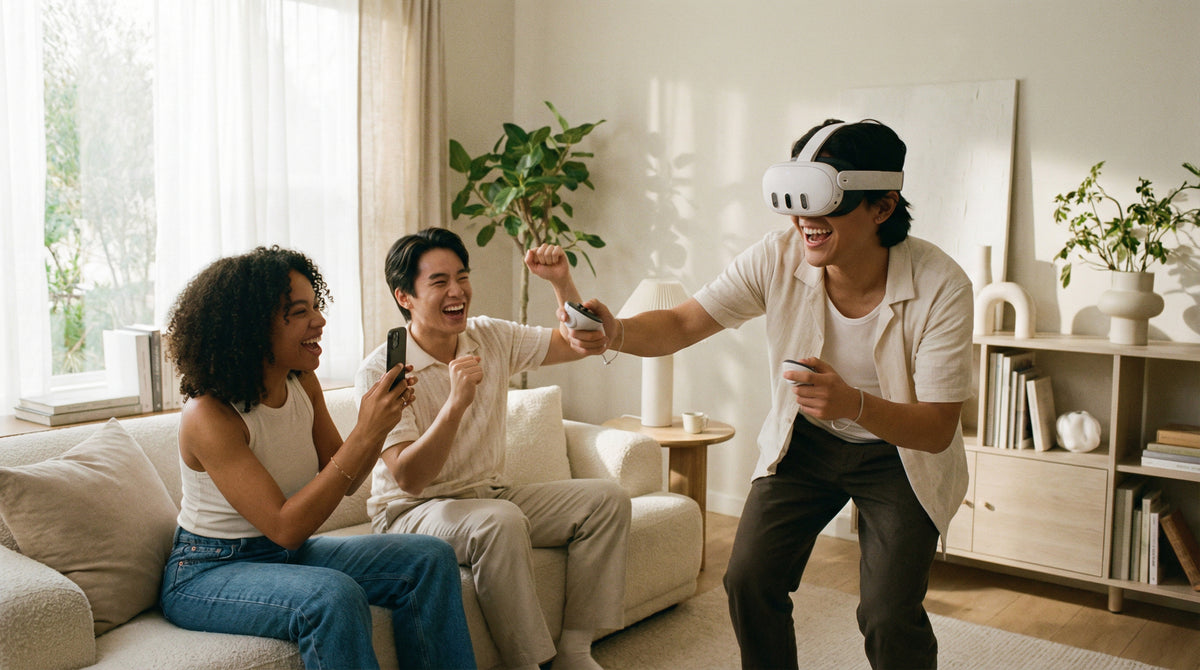 Three people in a living room with one person using VR Meta Quest 3 headset, another filming on phone, and a third sitting on a couch. all joyful playing a game