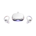White virtual reality headset with two controllers, easy, cheap, reliable 