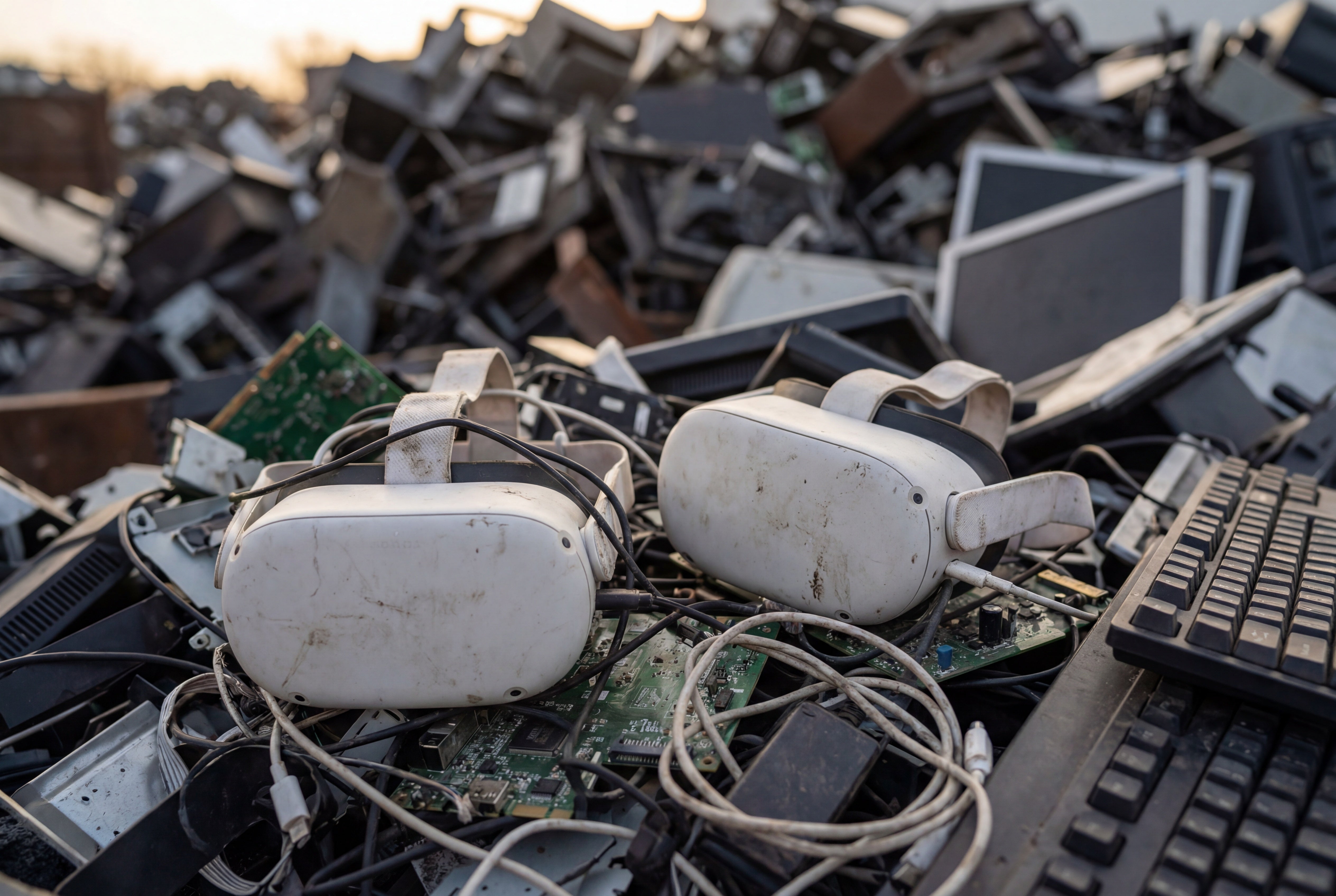 Discarded electronic devices including a VR headset and keyboard amidst a pile of scrap metal.