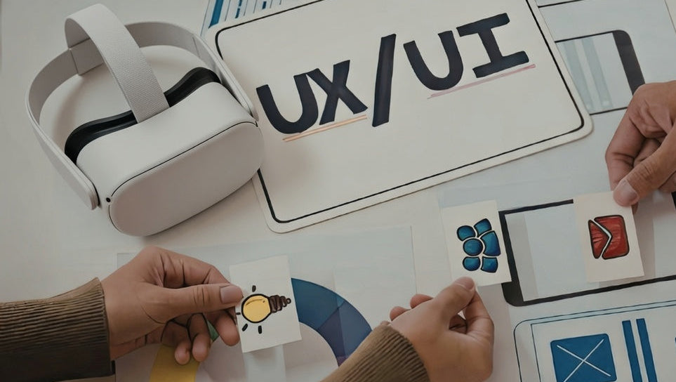 People working on UX/UI design with a VR headset and sketches on a table.