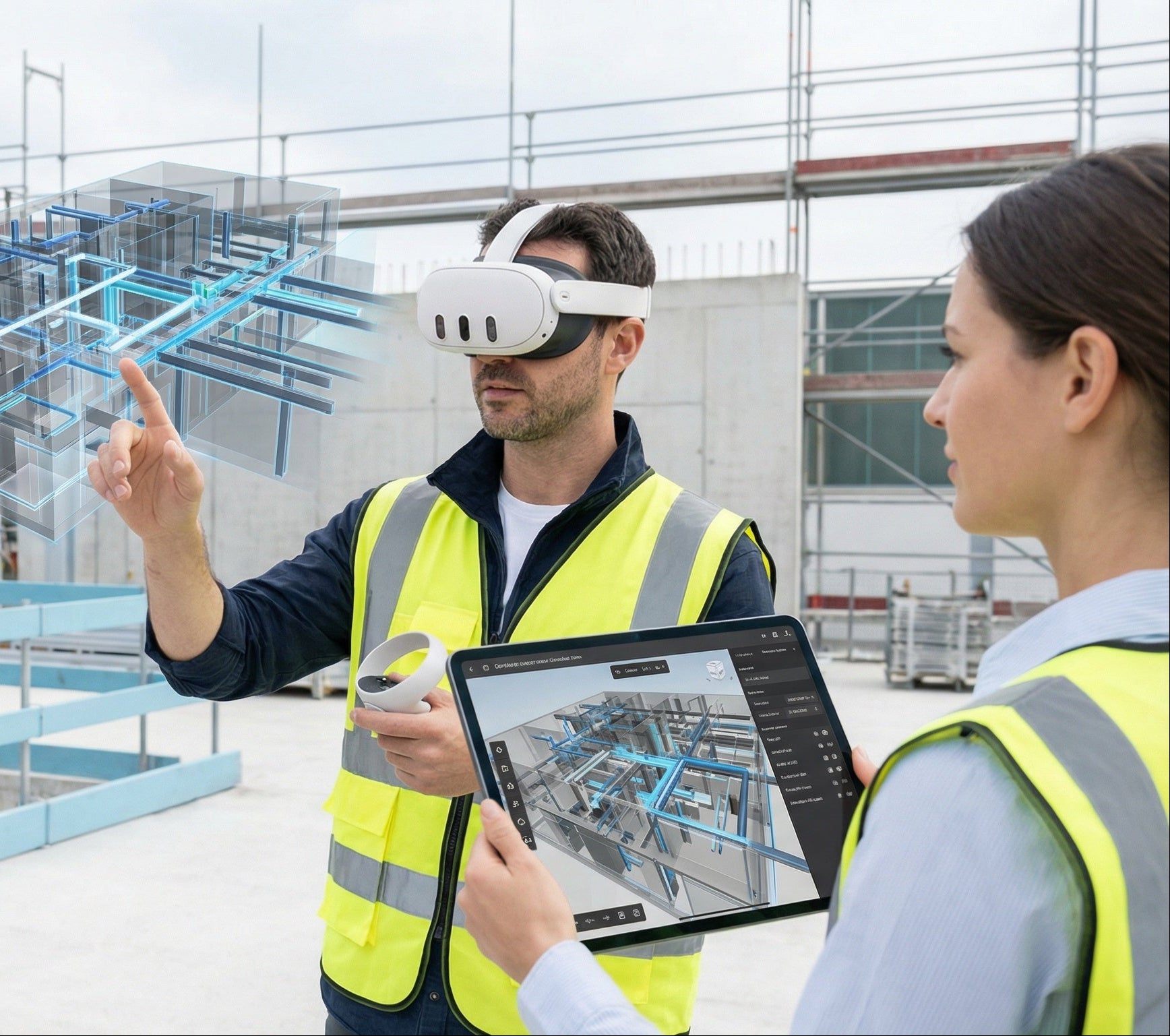 Two workers on a construction site using VR headsets and a tablet.