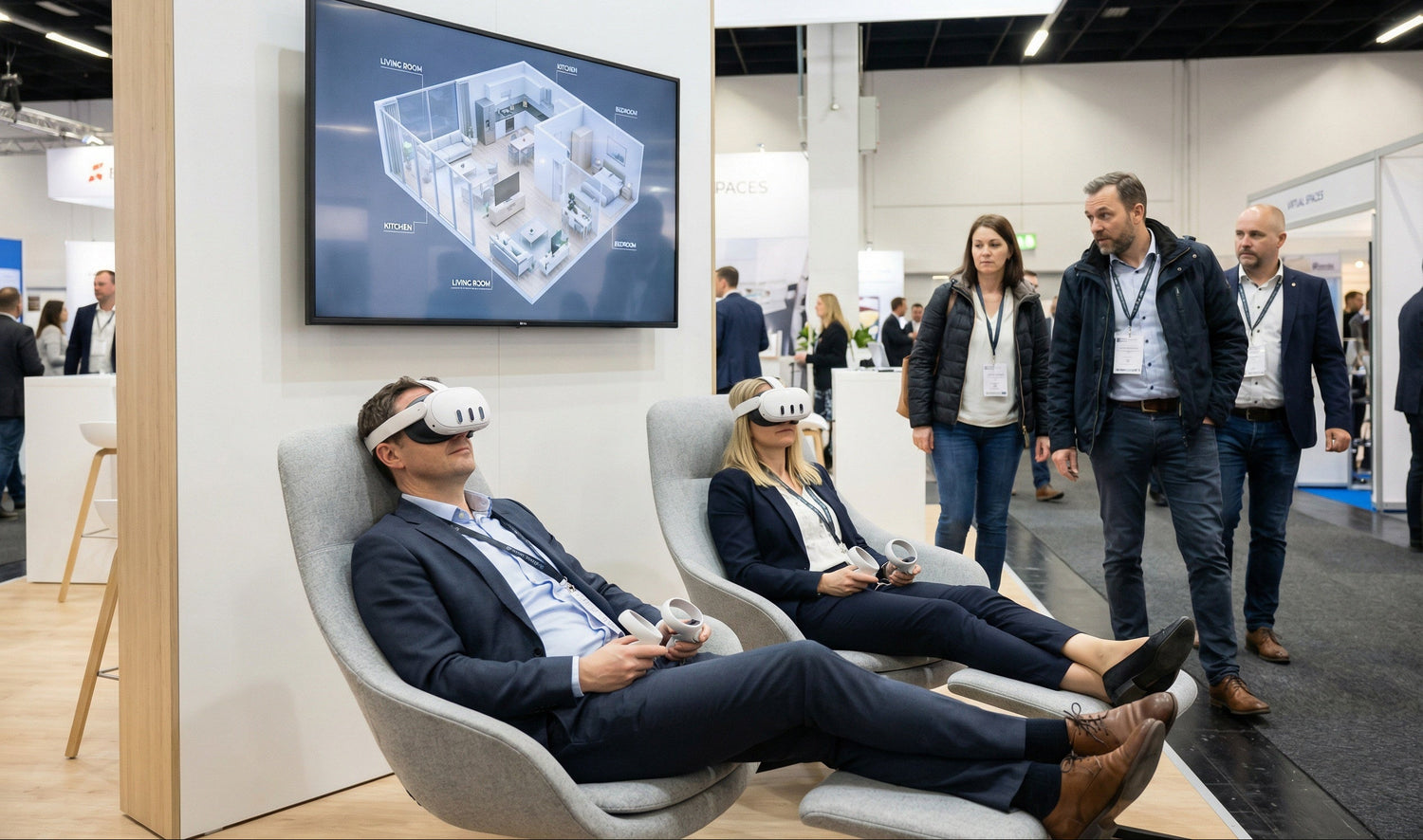 People using virtual reality headsets in an exhibition setting with a screen displaying 'Virtual Spaces'.