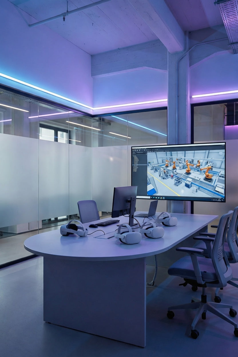Modern office space with a large desk and multiple monitors and VR headsets displaying a factory layout.