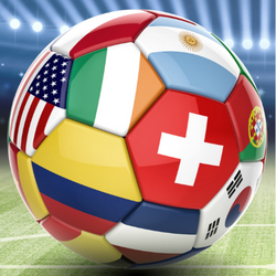 A soccer ball decorated with multiple national flags, including the United States, Italy, Switzerland, and others, set against a blurred stadium background