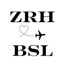 Black text reading 'ZRH' at the top and 'BSL' at the bottom, separated by a dashed heart-shaped line and a small airplane icon, on a white background.
